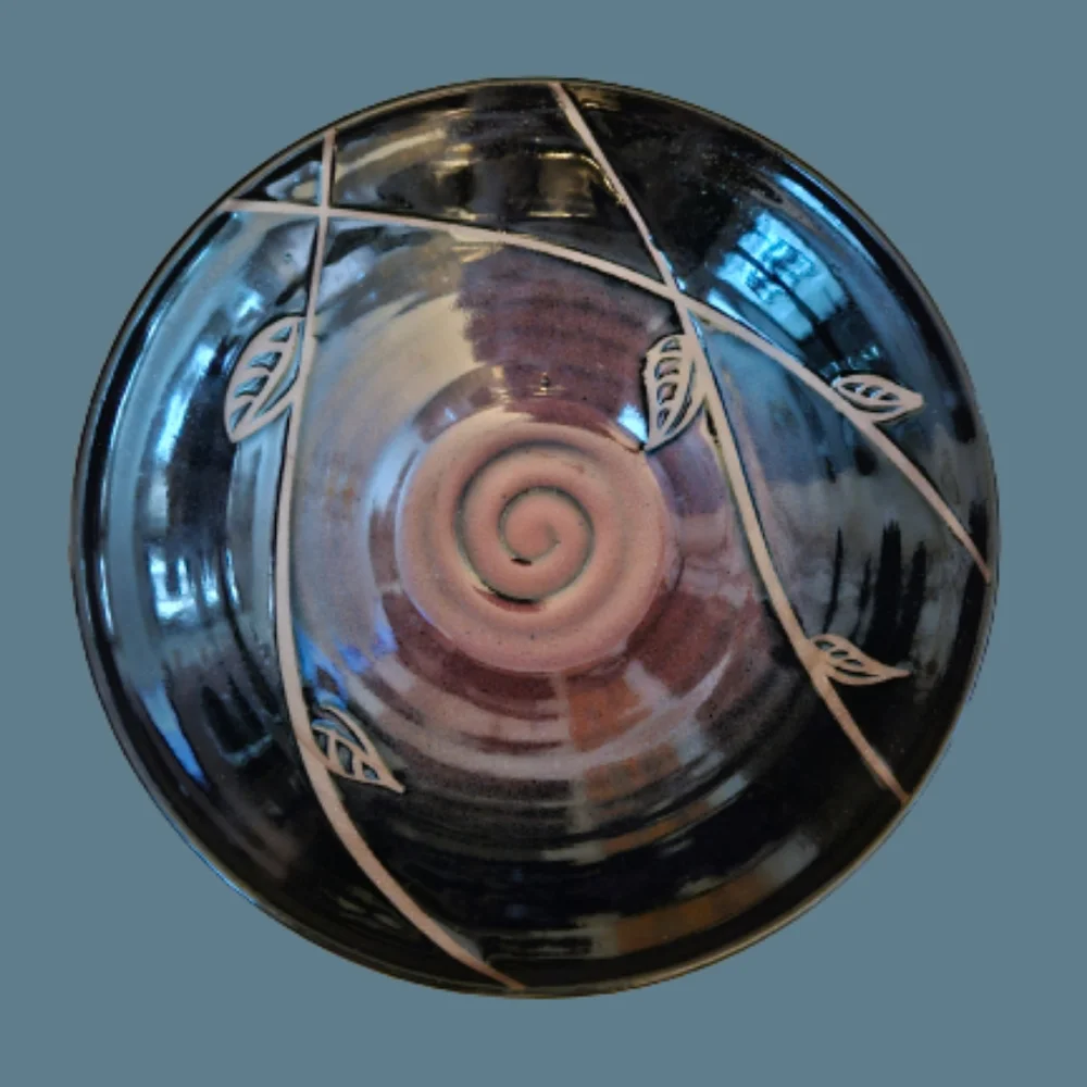 Beautiful Stoneware Glazed Signed Pottery Bowls w/ swirl & etched leaves